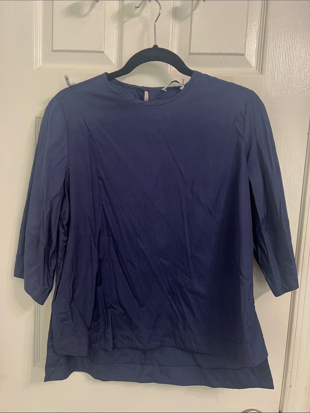 Harshman Classic Navy Crewneck Blouse with Three-Quarter Sleeves, Size M